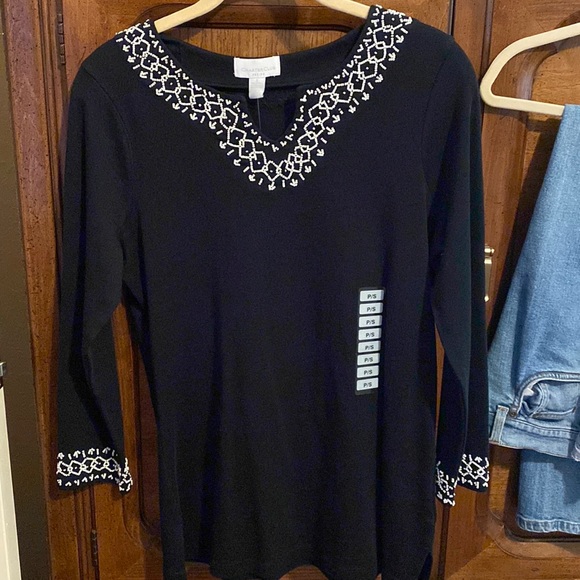 Black top v-neck with white beads and cuffs white beads. Petite/sm - Picture 1 of 1